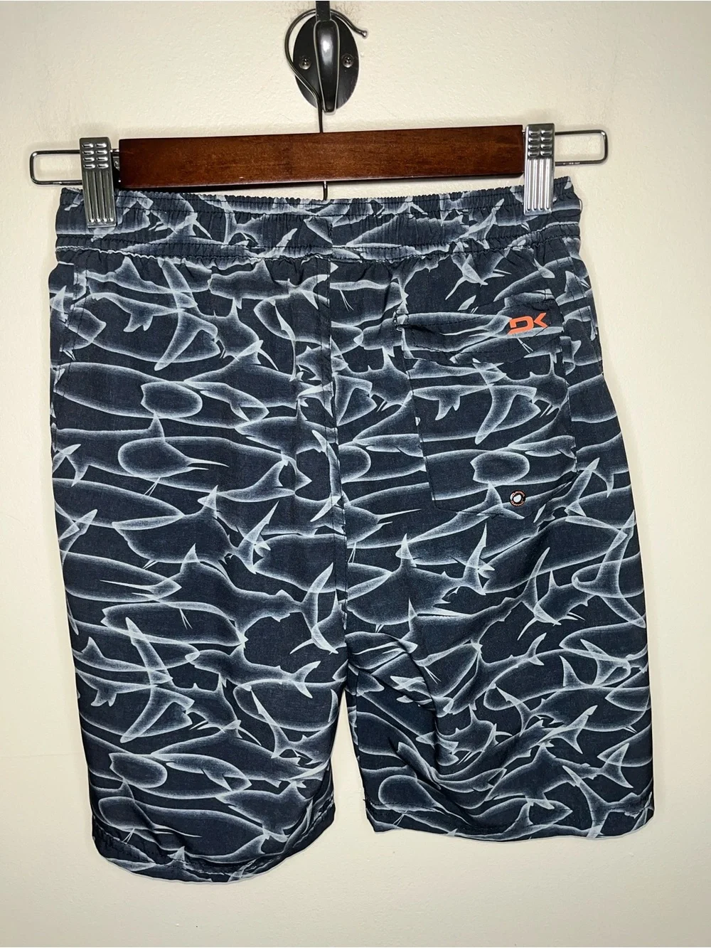 Dakine Boys Shark Print Swim Shorts Gray Orange Size S EUC Swim Trunks Pool